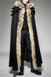 Black Hooded Fur Collar Wool Long Mens Gothic Coat Cloak